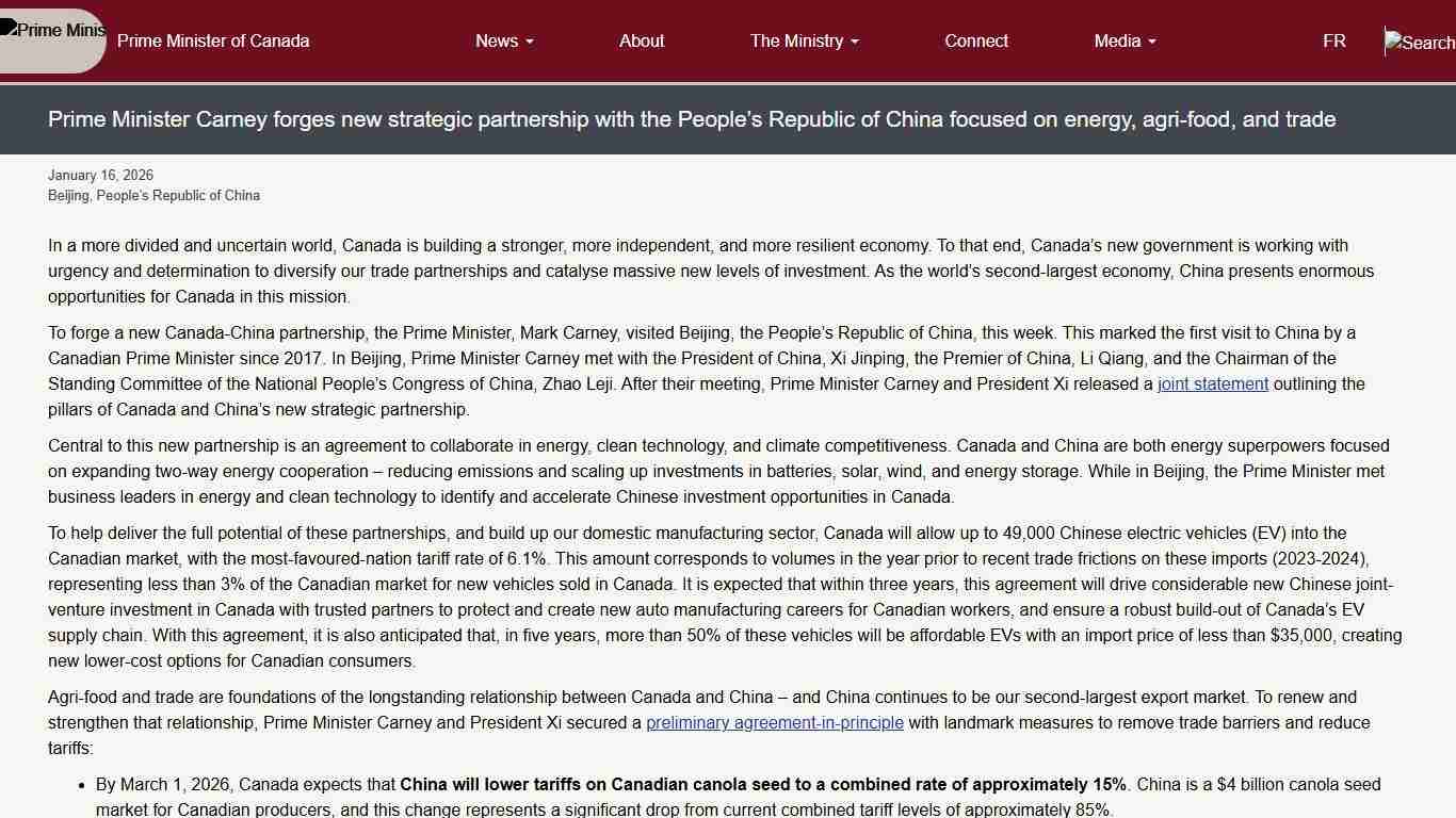 Prime Minister Carney forges new strategic partnership with the People’s Republic of China focused on energy, agri-food, and trade Prime Minister of Canada
