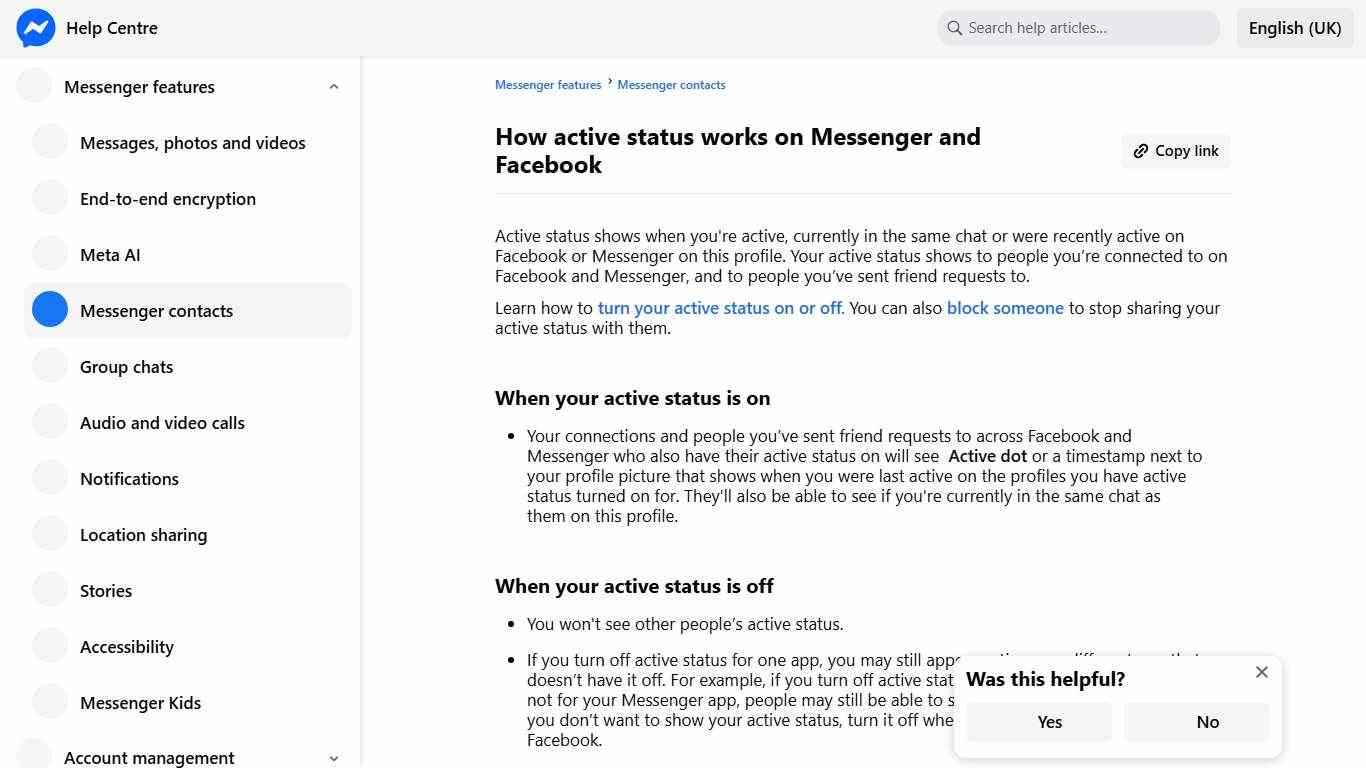 How active status works on Messenger and Facebook Messenger Help Centre