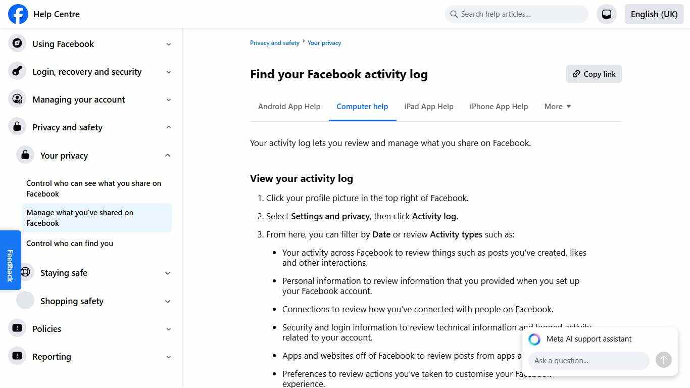 Find your Facebook activity log Facebook Help Centre
